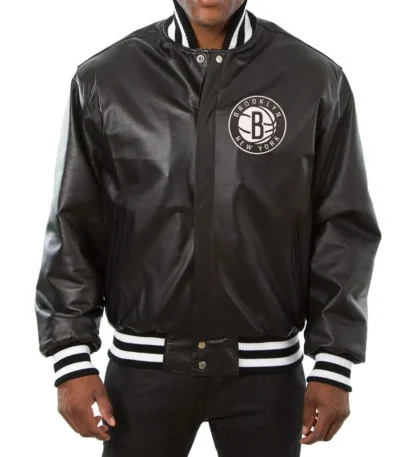 Varsity Brooklyn Nets Black Leather Jacket