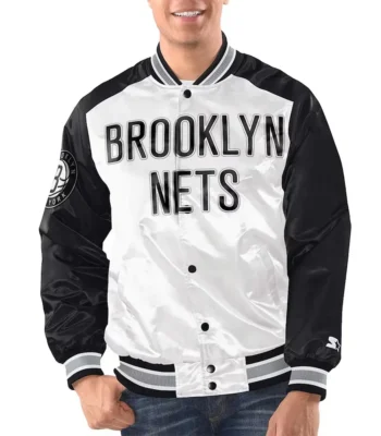 White/Black Brooklyn Nets Renegade Varsity Satin Jacket