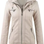 Women’s Beige Real Leather Biker Jacket With Detachable Hood