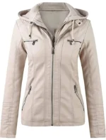 Women’s Beige Real Leather Biker Jacket With Detachable Hood