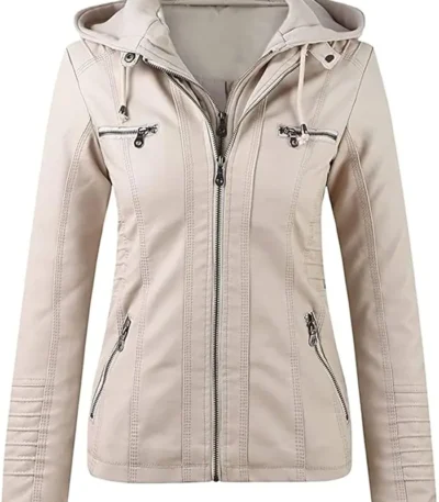 Women’s Beige Real Leather Biker Jacket With Detachable Hood