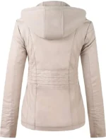 Women’s Beige Real Leather Biker Jacket With Detachable Hood