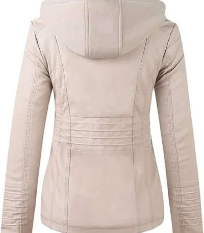 Women’s Beige Real Leather Biker Jacket With Detachable Hood