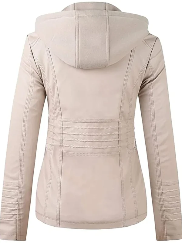 Women’s Beige Real Leather Biker Jacket With Detachable Hood