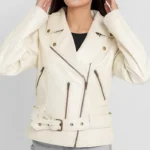 Women’s Riveted Beige Leather Biker Jacket