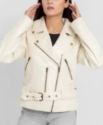 Women’s Riveted Beige Leather Biker Jacket
