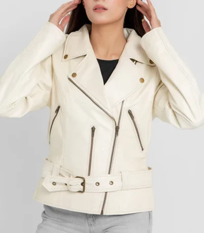 Women’s Riveted Beige Leather Biker Jacket