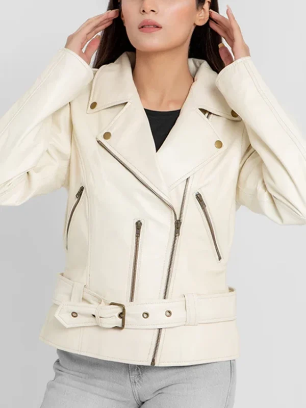 Women’s Riveted Beige Leather Biker Jacket