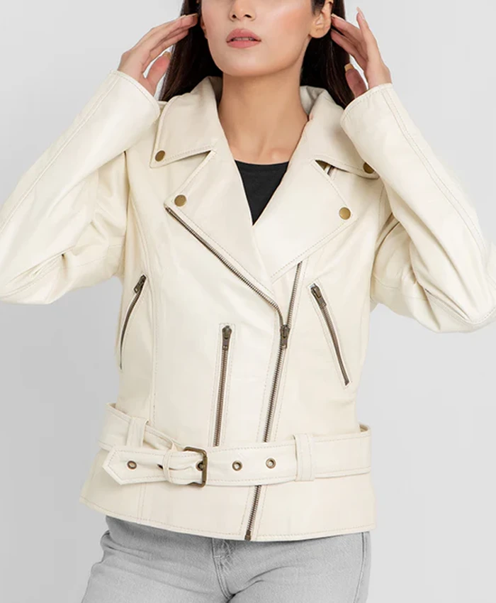 Women’s Riveted Beige Leather Biker Jacket Women’s Riveted Beige Leather Biker Jacket
