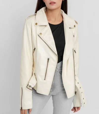 Women’s Riveted Beige Leather Biker Jacket