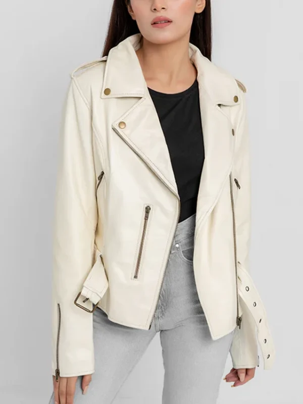 Women’s Riveted Beige Leather Biker Jacket