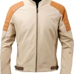 Mens Beige Leather Jacket Café Racer Vintage-inspired Moto Jacket With Brown Accents And Slim Fit Design