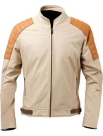 Mens Beige Leather Jacket Café Racer Vintage-inspired Moto Jacket With Brown Accents And Slim Fit Design