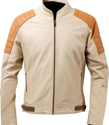 Mens Beige Leather Jacket Café Racer Vintage-inspired Moto Jacket With Brown Accents And Slim Fit Design
