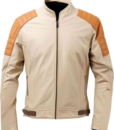 Mens Beige Leather Jacket Café Racer Vintage-inspired Moto Jacket With Brown Accents And Slim Fit Design