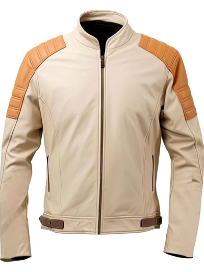 Mens Beige Leather Jacket Café Racer Vintage-inspired Moto Jacket With Brown Accents And Slim Fit Design