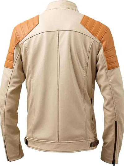 Mens Beige Leather Jacket Café Racer Vintage-inspired Moto Jacket With Brown Accents And Slim Fit Design