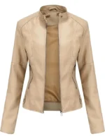 Women’s Beige Leather Jacket Motorcycle Stylish Spring Lightweight Stylish Motor Biker With Zipper
