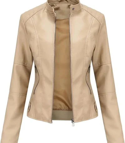 Women’s Beige Leather Jacket Motorcycle Stylish Spring Lightweight Stylish Motor Biker With Zipper