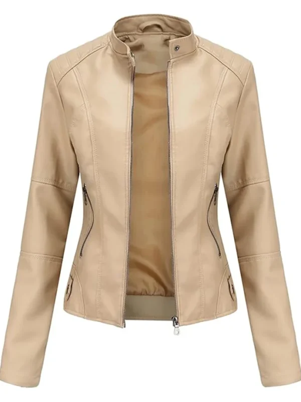 Women’s Beige Leather Jacket Motorcycle Stylish Spring Lightweight Stylish Motor Biker With Zipper