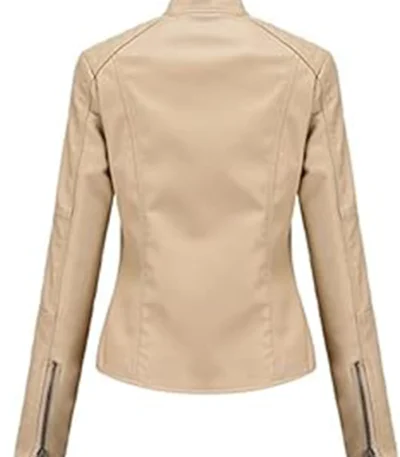 Women’s Beige Leather Jacket Motorcycle Stylish Spring Lightweight Stylish Motor Biker With Zipper