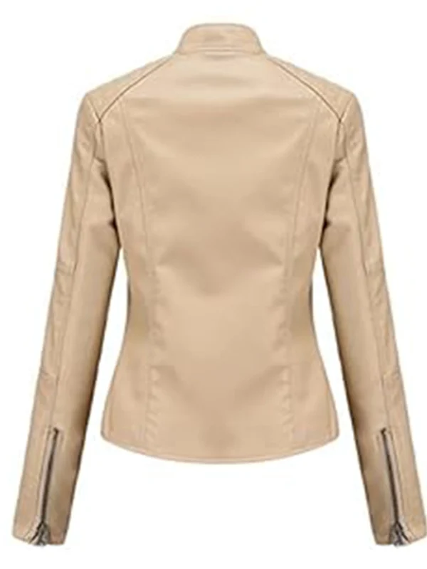 Women’s Beige Leather Jacket Motorcycle Stylish Spring Lightweight Stylish Motor Biker With Zipper