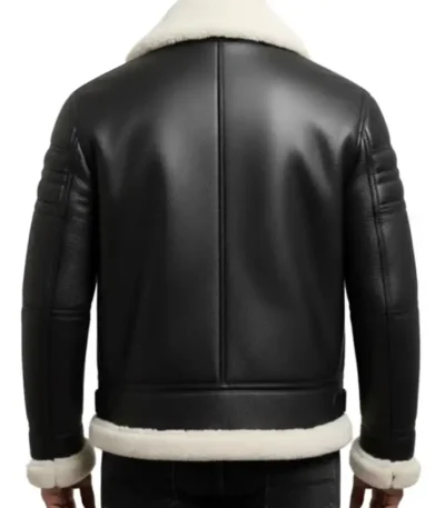 Black Leather White Fur Shearling Bomber Jacket