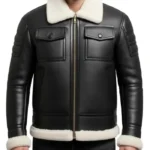 Black Leather White Fur Shearling Bomber Jacket