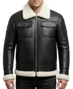 Black Leather White Fur Shearling Bomber Jacket