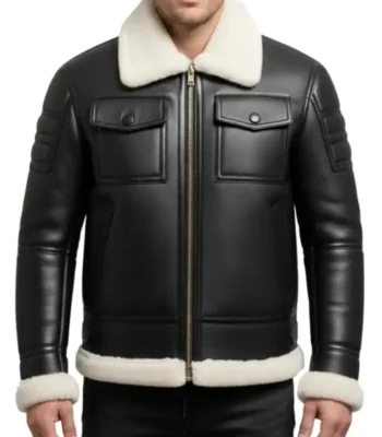 Black Leather White Fur Shearling Bomber Jacket