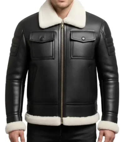 Black Leather White Fur Shearling Bomber Jacket