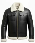 Black Leather White Fur Shearling Bomber Jacket