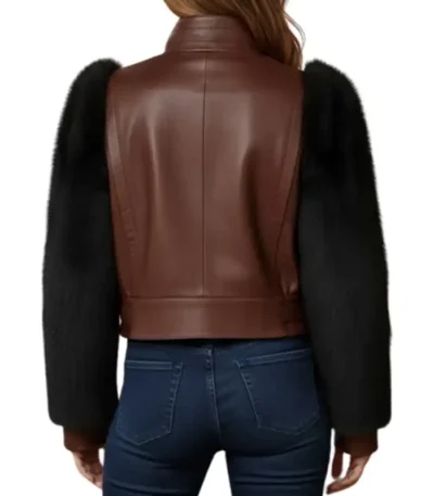 Brown Leather Black Fur Sleeve Jacket