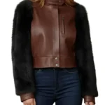 Brown Leather Black Fur Sleeve Jacket