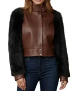 Brown Leather Black Fur Sleeve Jacket