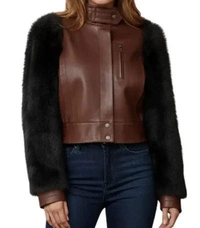 Brown Leather Black Fur Sleeve Jacket