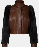 Brown Leather Black Fur Sleeve Jacket