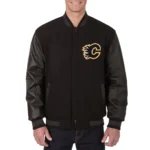 Calgary Flames Varsity Black Wool and Leather Jacket