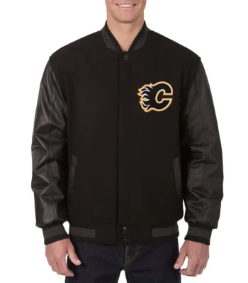 Calgary Flames Varsity Black Wool and Leather Jacket