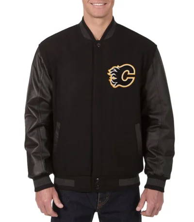 Calgary Flames Varsity Black Wool and Leather Jacket