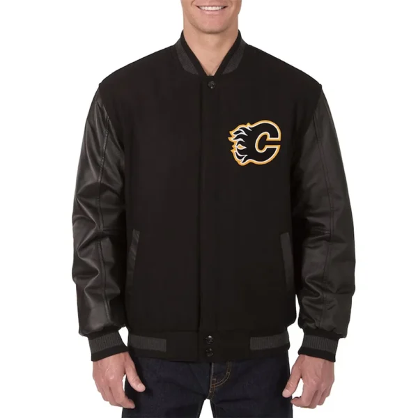 Calgary Flames Varsity Black Wool and Leather Jacket