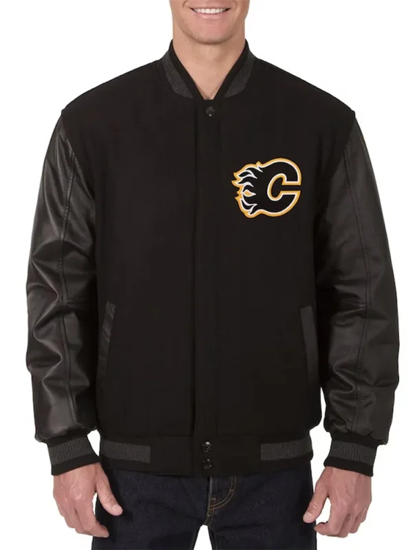Calgary Flames Varsity Black Wool and Leather Jacket