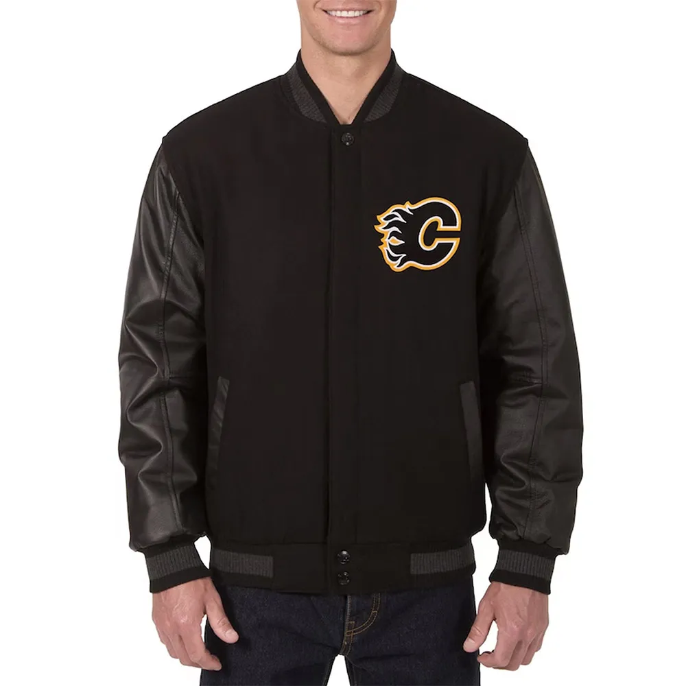 Calgary Flames Varsity Black Wool and Leather Jacket Calgary Flames Varsity Black Wool and Leather Jacket