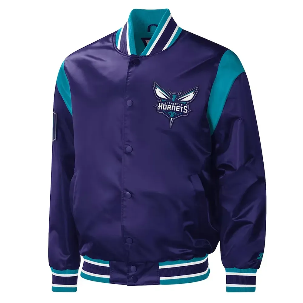 Charlotte Hornets Force Play Purple Varsity Satin Jacket Charlotte Hornets Force Play Purple Varsity Satin Jacket