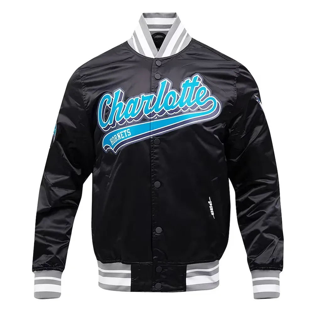 Charlotte Hornets Script Tail Black Satin Jacket Charlotte Hornets Script Tail Black Satin Jacket