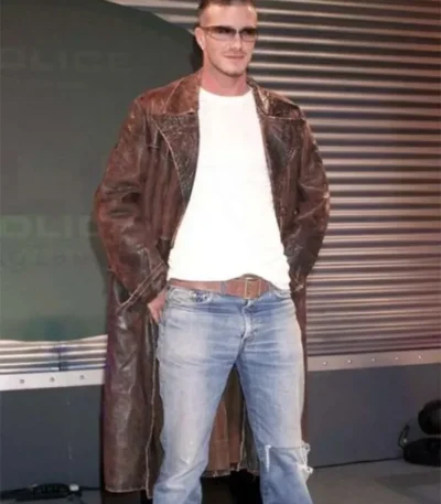 David Beckham Distressed Brown Leather Coat