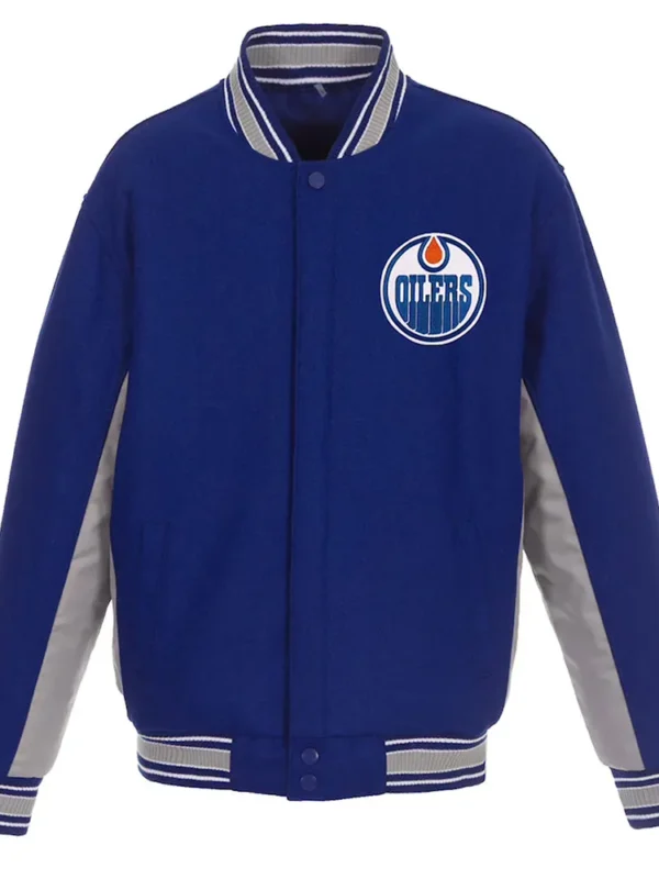 Edmonton Oilers Accent Royal-Gray Poly-Twill Wool Varsity Jacket