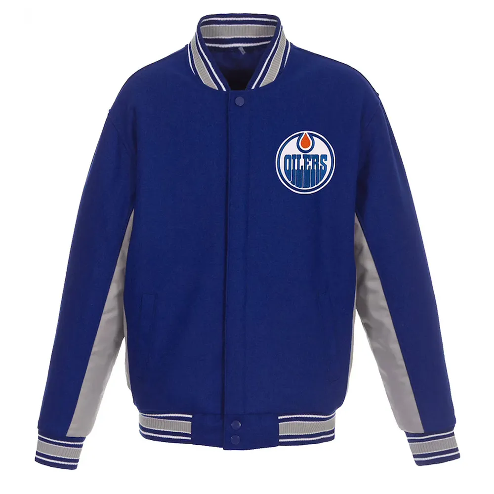 Edmonton Oilers Accent Royal-Gray Poly-Twill Wool Varsity Jacket Edmonton Oilers Accent Royal-Gray Poly-Twill Wool Varsity Jacket