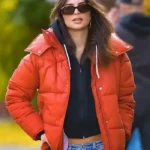 Emily Ratajkowski Orange Puffer Jacket
