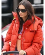 Emily Ratajkowski Orange Puffer Jacket